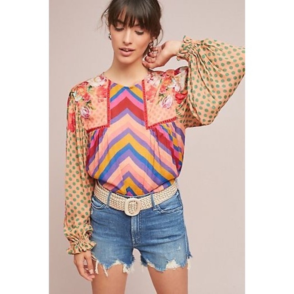 Anthropologie Blank London Mirana Blouse Floral Polka Dot Colorful Print Size XS